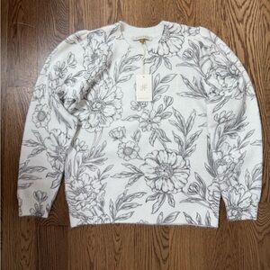 DownEast White and Gray Floral Sweater